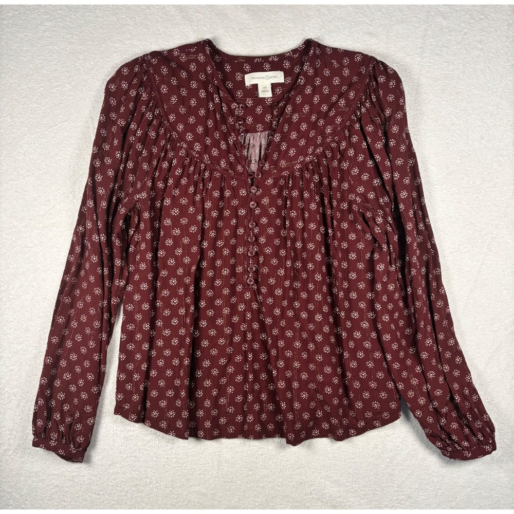 Treasure & Bond Women XS Burgundy Floral Metallic Stripe Boho Henley Blouse Top